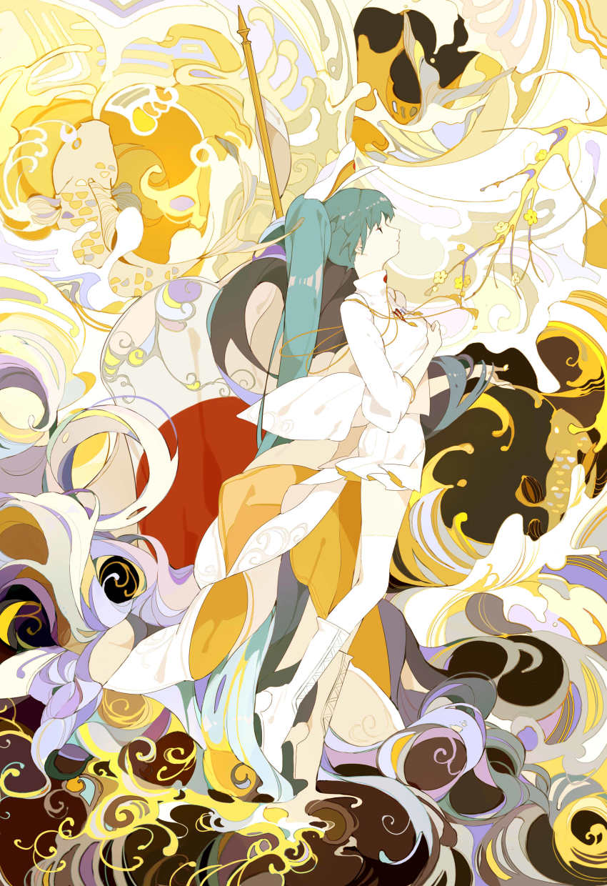 1girl absurdly_long_hair absurdres adapted_costume aiguillette aqua_hair boots branch breasts flag floating floating_hair flower from_side grey_hair hand_up hatsune_miku highres japanese_flag knee_boots long_hair long_sleeves looking_away miniskirt n79oqc3yja6jlof profile reaching senbon-zakura_(vocaloid) shirt skirt skirt_set solo thighhighs train_(clothing) twintails two-sided_fabric two-sided_skirt very_long_hair vocaloid water waves white_boots white_shirt white_skirt white_thighhighs yellow_background yellow_flower