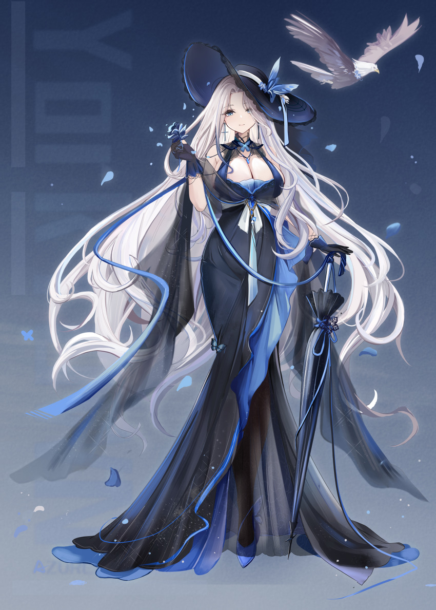 1girl absurdres alternate_costume azur_lane banchiyuebai bird black_dress black_hat blue_eyes breasts character_name chinese_commentary cleavage commentary_request cross cross_earrings dress eagle earrings full_body hat highres holding holding_umbrella jewelry large_breasts long_hair looking_at_viewer smile solo standing two-tone_gloves umbrella very_long_hair white_hair yorktown_(azur_lane)