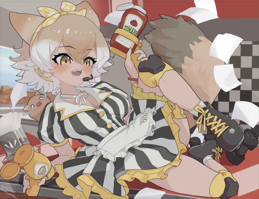 1girl alternate_costume animal_ears apron black_shirt black_skirt blonde_hair bow bowtie brown_hair coyopotato coyote_(kemono_friends) extra_ears frilled_apron frilled_skirt frills hair_bow kemono_friends kemono_friends_v_project ketchup_bottle knee_pads kunikuni_(kunihiro2005) microphone multicolored_hair mustard_bottle napkin open_mouth puffy_sleeves roller_skates shirt skates skirt smile socks solo striped_clothes striped_shirt striped_skirt tail two-tone_shirt two-tone_skirt vertical-striped_clothes vertical-striped_shirt vertical-striped_skirt waitress white_apron white_bow white_bowtie white_hair white_shirt white_skirt white_socks wolf_ears wolf_girl wolf_tail yellow_bow yellow_eyes yellow_trim