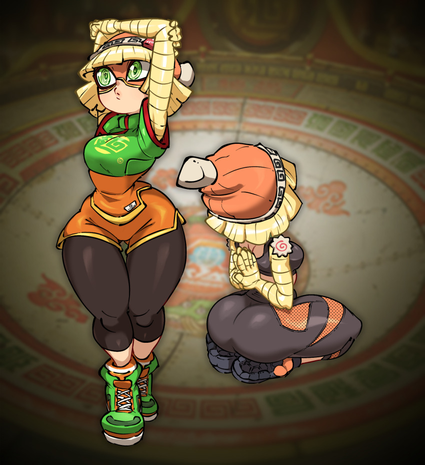 1girl @_@ arms_(game) arms_behind_back arms_up ass beanie blonde_hair chest_guard domino_mask green_eyes hat high_tops highres jellot leggings_under_shorts mask min_min_(arms) multiple_views orange_shirt orange_shorts shirt shoes shorts sneakers thick_thighs thighs wide_hips