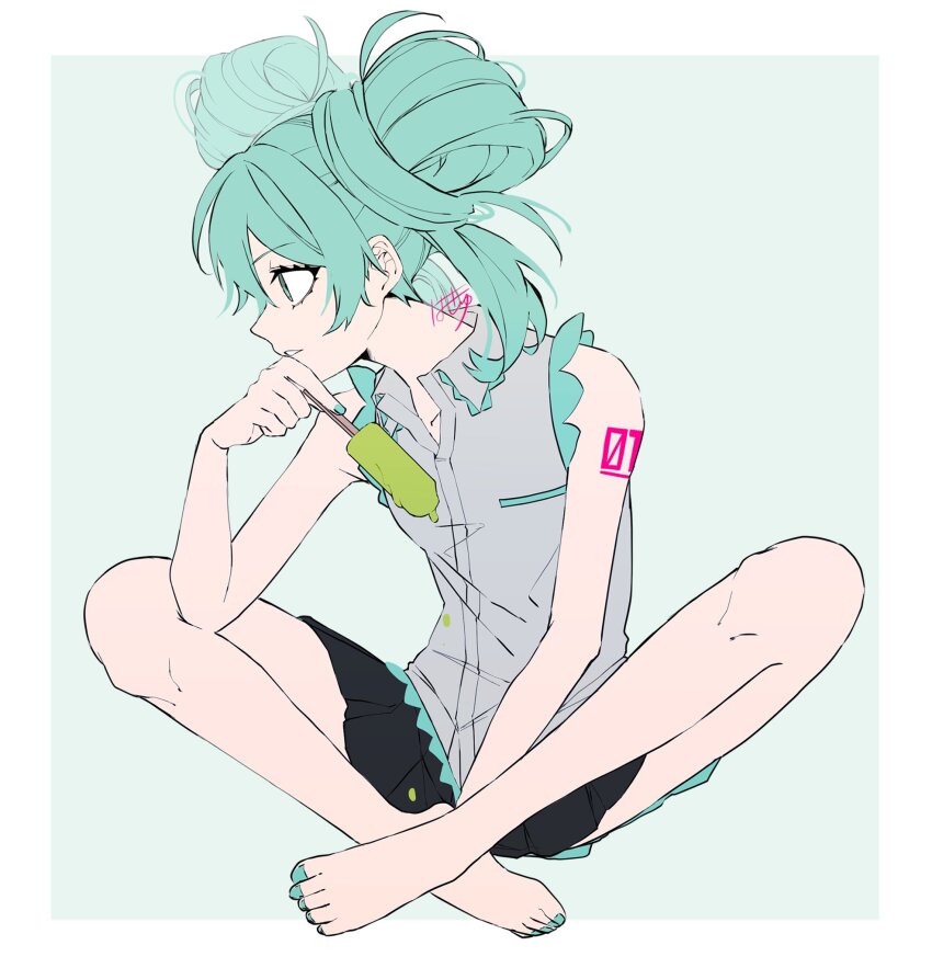 1girl alternate_hairstyle aqua_eyes aqua_hair aqua_nails bare_shoulders barefoot between_legs black_skirt border commentary crossed_legs double_bun eiku expressionless full_body grey_background grey_shirt hair_bun hand_between_legs hand_up hatsune_miku highres holding_food holding_popsicle looking_to_the_side medium_hair melting miniskirt no_neckwear number_tattoo parted_lips popped_collar popsicle shirt shoulder_tattoo simple_background sitting skirt sleeveless sleeveless_shirt solo tattoo vocaloid white_border