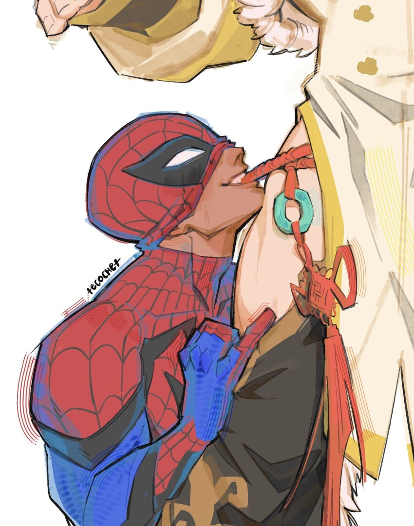 2boys bodysuit chinese_clothes highres iron_fist_(marvel) lin_lie_(marvel) male_focus marvel marvel_rivals mask multiple_boys muscular muscular_male red_bodysuit simple_background smile spider-man spider-man_(series) spider_web_print superhero_costume tecotit teeth two-tone_bodysuit underwear yaoi