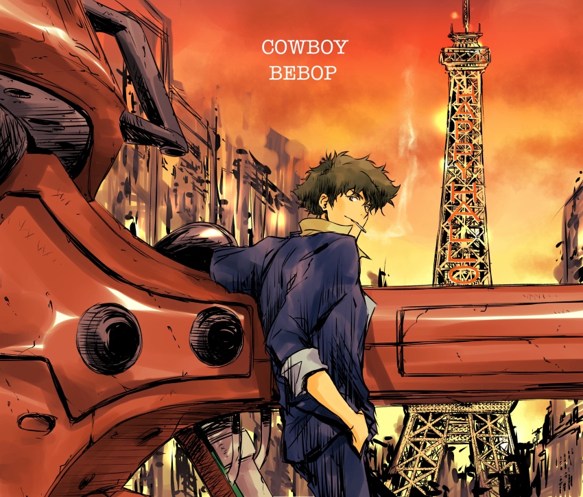 1boy absurdres cigarette cowboy_bebop formal_clothes halloween highres looking_at_viewer orange_sky science_fiction shirt sky smoke smoking solo spike_spiegel spiked_hair swordfish_ii tobalin yellow_shirt