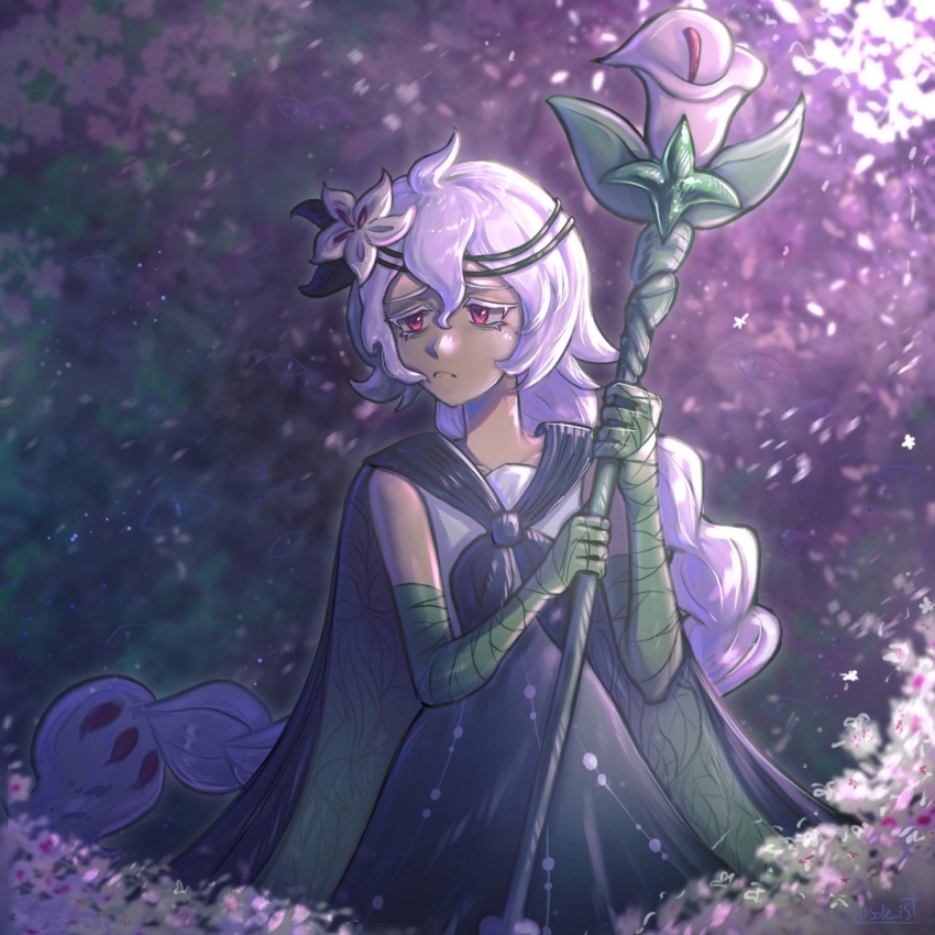 1girl braid calla_lily cape closed_mouth cookie_run cookie_run:_kingdom dress flower gloves green_cape green_dress green_gloves hair_flower hair_ornament holding holding_staff humanization i_(taiyo_1710) lily_(flower) long_hair looking_at_viewer red_eyes solo staff very_long_hair white_flower white_hair white_lily white_lily_cookie wrist_wrap