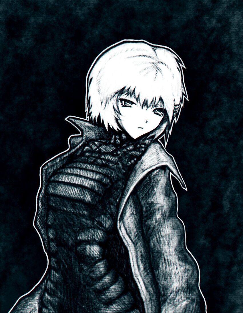 11e10 1girl absurdres arched_back black_bodysuit body_armor bodysuit bright_pupils coat commentary dark_background english_commentary faux_traditional_media hair_ornament hairclip highres looking_at_viewer marie_(peripeteia) monochrome open_clothes open_coat outline peripeteia short_hair solo trench_coat turning_head upper_body white_hair white_outline white_pupils