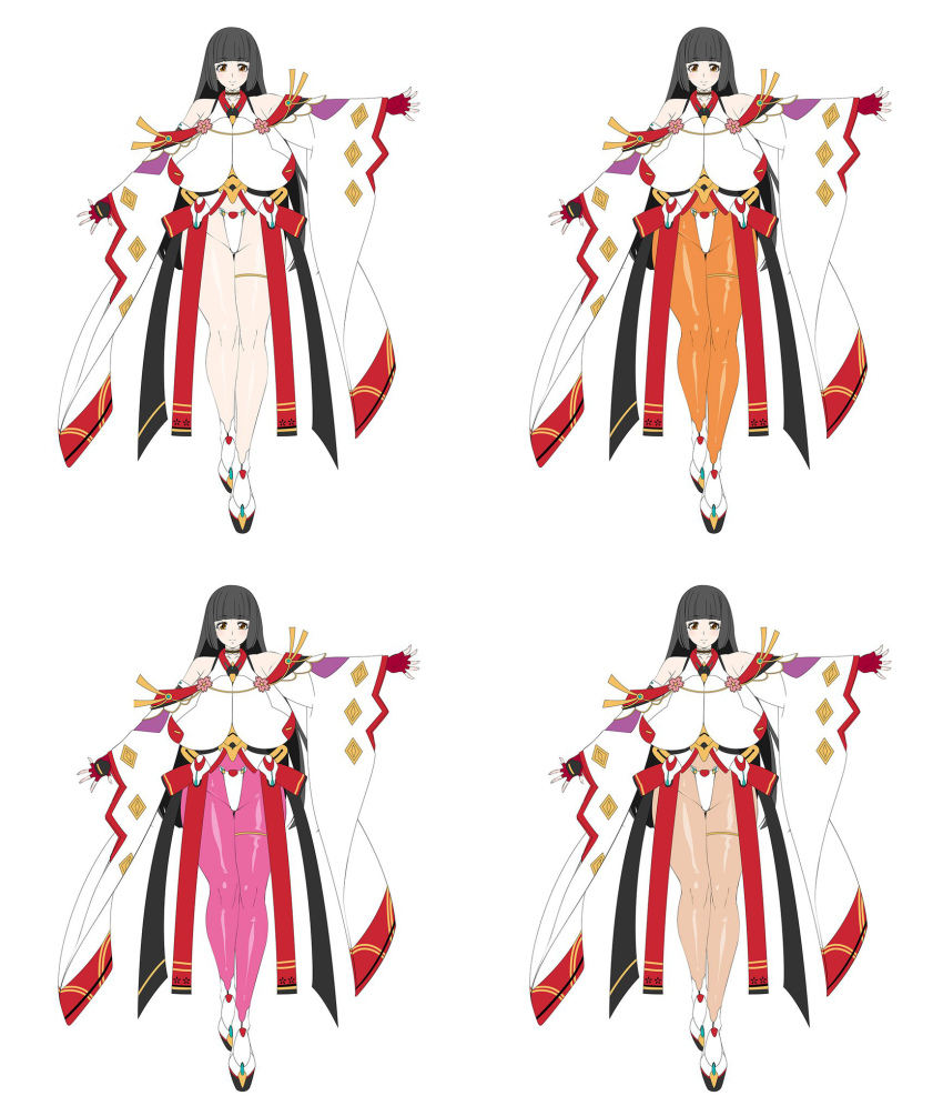 1girl alternate_color aoi_nagisa_(metalder) bare_legs black_hair bodysuit breasts brown_eyes reference_sheet concept_art female_focus full_body gigantic_breasts grey_background highres hime_cut impossible_bodysuit impossible_clothes japanese_clothes lilith-soft long_hair mikami_chizu miko multiple_views revealing_clothes shiny_skin standing taimanin_(series) taimanin_rpgx taimanin_suit thong very_long_hair wide_hips