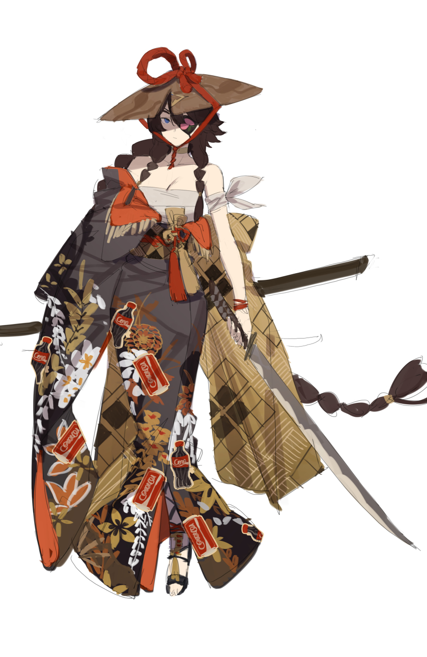 absurdres azur_lane blue_eyes breasts brown_hair cleavage coca-cola eyepatch floral_print gebijiade_89 georgia_(azur_lane) hat highres holding holding_sword holding_weapon japanese_clothes kimono large_breasts long_hair off_shoulder official_art sandals simple_background sketch solo straw_hat sword very_long_hair weapon white_background