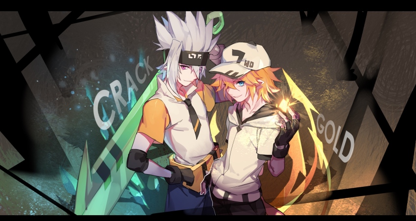 2boys aotu_world baseball_cap belt black_gloves black_necktie black_pants blonde_hair blue_eyes bokyo character_name closed_mouth cowboy_shot english_text fingerless_gloves fire gloves glowing grey_(aotu_world) hair_between_eyes hair_over_one_eye hand_in_pocket hand_on_own_hip hand_up hat highres holding holding_weapon hood hood_down hoodie king_(aotu_world) letterboxed looking_at_viewer male_focus multiple_boys necktie one_eye_closed pants pink_eyes purple_eyes shirt short_hair short_sleeves smile spiked_hair standing sword weapon white_hair white_hat white_hoodie white_shirt yaoi