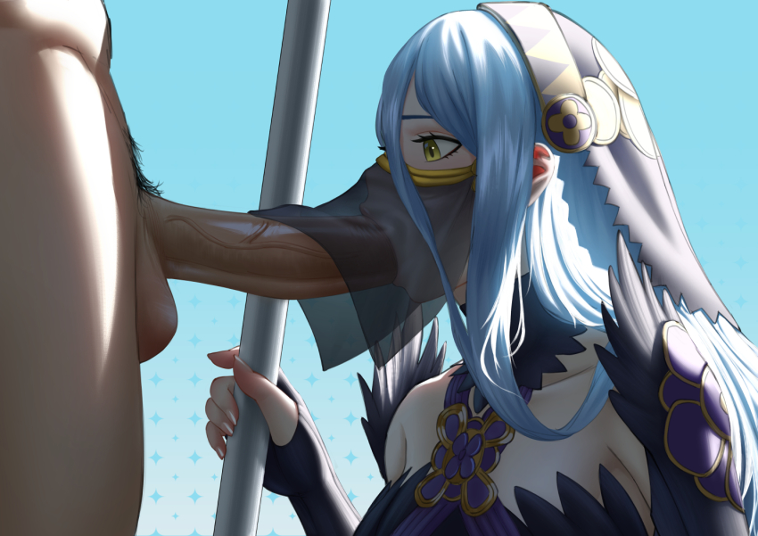 1boy 1girl azura_(fire_emblem) azura_(lady_of_ballads)_(fire_emblem) blue_hair breasts covered_mouth erection fellatio fellatio_under_mask fingerless_gloves fire_emblem fire_emblem_fates gloves headdress hetero jornyhail male_pubic_hair mask mouth_mask mouth_veil nintendo official_alternate_costume open_mouth oral penis profile pubic_hair staff uncensored veil veins veiny_penis yellow_eyes