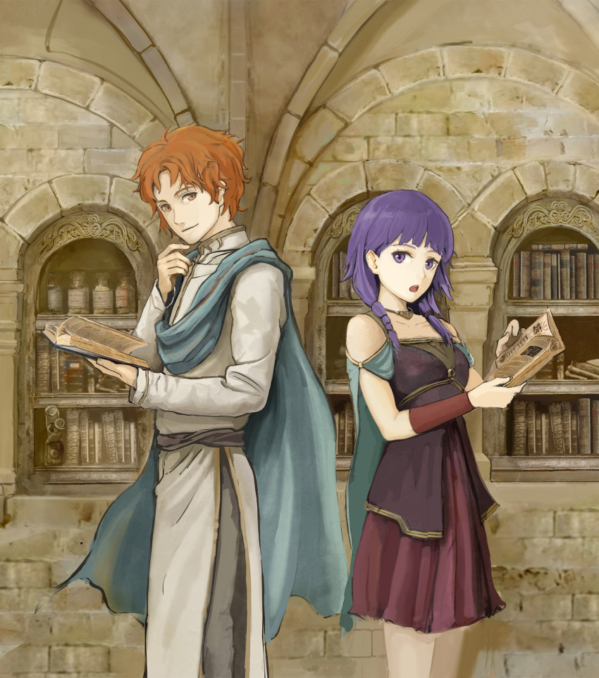 1boy 1girl artur_(fire_emblem) back-to-back bare_shoulders blue_cape book bottle braid brick_wall cape couple fire_emblem fire_emblem:_the_sacred_stones hetero highres library looking_at_viewer lute_(fire_emblem) nintendo open_mouth orange_eyes orange_hair purple_eyes purple_hair red_skirt robe samohichi skirt smile twintails white_robe