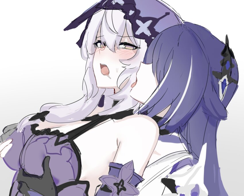 1yym 2girls acheron_(honkai:_star_rail) bare_shoulders black_gloves black_swan_(honkai:_star_rail) blush commentary detached_sleeves gloves grabbing_another&#039;s_breast grabbing_from_behind groping hashtag-only_commentary highres honkai:_star_rail honkai_(series) long_hair multiple_girls open_mouth purple_hair saliva saliva_trail simple_background tongue tongue_out veil white_background white_hair yuri