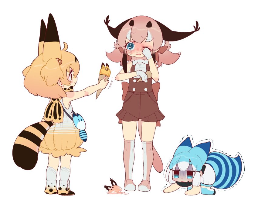 3girls aged_down animal_ears animal_print blonde_hair blue_eyes blush bow bowtie brown_bow brown_bowtie brown_hair caracal_(kemono_friends) crying dropped_food extra_ears food gloves highres holding holding_food holding_ice_cream holding_ice_cream_cone humanization ice_cream ice_cream_cone kemono_friends long_hair lucky_beast_(kemono_friends) multicolored_hair multiple_girls notora one_eye_closed print_bow print_bowtie serval_(kemono_friends) shirt short_hair simple_background sleeveless sleeveless_shirt soft_serve tail thighhighs traditional_bowtie two-tone_bow two-tone_bowtie