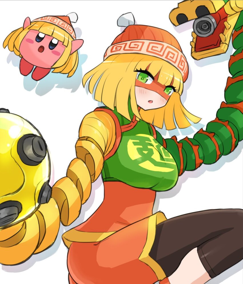 1girl arms_(game) beanie blonde_hair blush dragon_(arms) drop_shadow eye_mask green_eyes hat highres kirby kirby_(series) leggings_under_shorts megawatt_(arms) min_min_(arms) nintendo orange_shirt orange_shorts roozin shirt short_hair shorts
