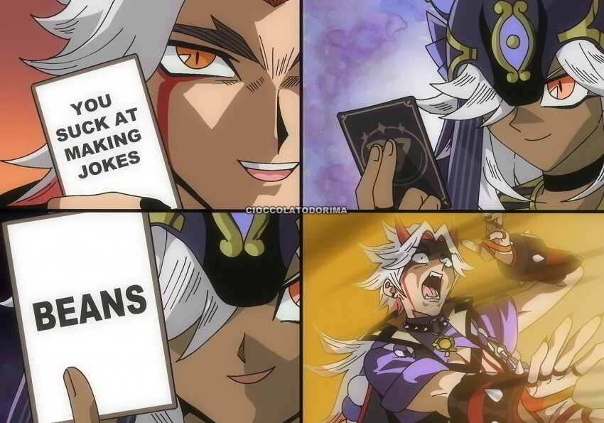 2boys arataki_itto bracelet card cioccolatodorima cyno_(genshin_impact) dark-skinned_male dark_skin earrings english_text genius_invokation_tcg genshin_impact gloves hair_over_one_eye hat horns japanese_clothes jewelry kaiba&#039;s_defeat_(meme) long_hair male_focus meme multicolored_hair multiple_boys open_mouth orange_eyes red_eyes red_horns sharp_teeth smile spiked_bracelet spikes streaked_hair teeth white_hair yu-gi-oh! yu-gi-oh!_duel_monsters
