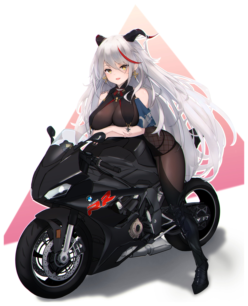 1girl aegir_(azur_lane) armored_boots azur_lane bare_shoulders black_footwear bmw bodystocking boots breast_curtains breasts cleavage cross cross_earrings demon_horns earrings full_body highres horns impossible_clothes iron_cross jewelry knee_boots large_breasts long_hair looking_at_viewer motor_vehicle motorcycle multicolored_hair red_hair ru_yan simple_background single_knee_boot skin_tight skindentation streaked_hair two-tone_hair very_long_hair white_hair yellow_eyes