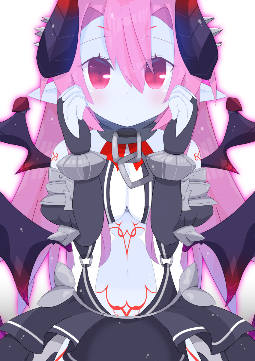1girl absurdres armored_gloves armored_skirt asmodeus_(eco) blue_skin breasts cleavage colored_skin demon_girl demon_horns demon_wings detached_sleeves elbow_gloves emil_chronicle_online gloves highres horns large_breasts looking_at_viewer midriff navel pink_hair pointy_ears red_eyes white_background wings yuzujampot