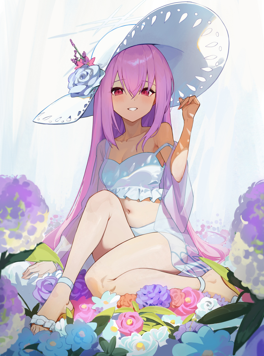 1girl absurdres atsuko_(blue_archive) atsuko_(swimsuit)_(blue_archive) bare_arms bare_legs bare_shoulders bikini blue_archive blue_flower blush flower frilled_bikini frills grin hair_between_eyes hat highres long_hair looking_at_viewer navel official_alternate_costume pink_flower purple_flower purple_hair red_eyes smile solo suye swimsuit white_bikini white_flower white_hat