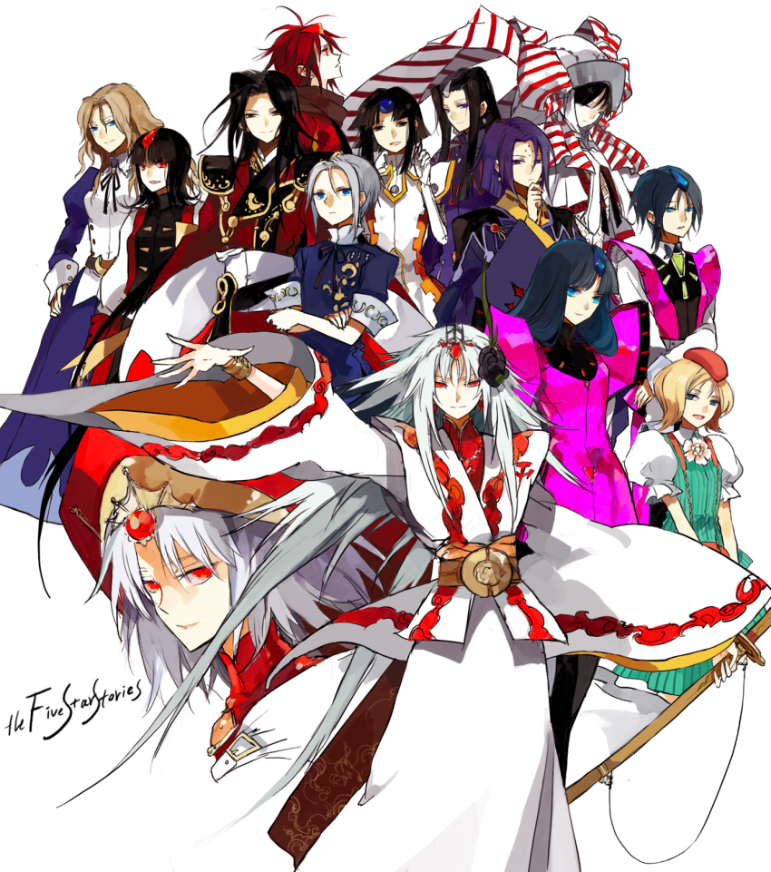 6+boys 6+girls aisha_(five_star_stories) alekto amaterasu_(five_star_stories) aqua_eyes atoropos_(five_star_stories) atropos_(five_star_stories) beret black_hair blonde_hair blue_eyes character_request clotho_(five_star_stories) epaulettes falk_jugendlich_rogner fatima_(five_star_stories) five_star_stories flower hair_ornament hat highres ikaruga_(five_star_stories) karen_(five_star_stories) katana kyo_(five_star_stories) lachesis_(five_star_stories) long_hair maja maxi_(five_star_stories) multiple_boys multiple_girls red_eyes red_hair short_hair silver_hair skirt starshadowmagician sword very_long_hair wascsha_cordante weapon wide_sleeves wooden_sword