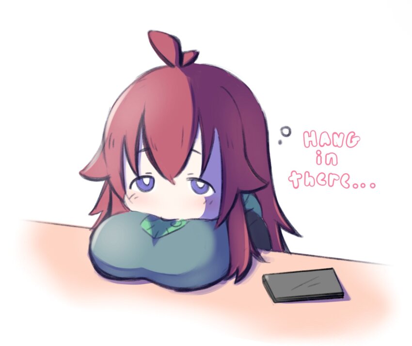 1girl ahoge antenna_hair blue_eyes book breasts chbi_only chibi green_sweater koshi_(madmex) large_breasts light_blush long_hair looking_at_viewer madmex original pale_skin pout red_hair solo sweater table