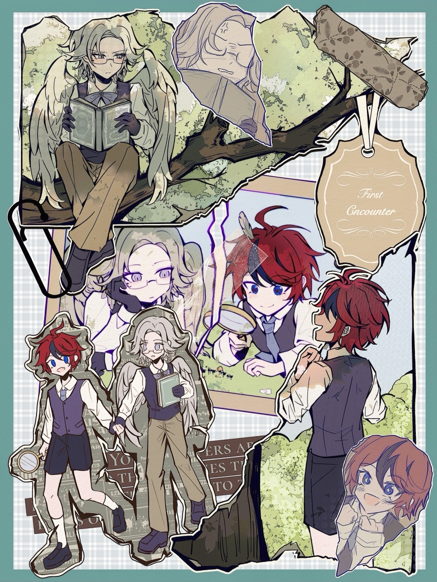 2boys absurdres aged_down ahoge alternate_universe anger_vein ant aotsuki_eito black_gloves black_shoes black_streaks black_vest blue_eyes book bow bowtie brown_pants bug english_text feathered_wings feathers glasses gloves grey_bow grey_bowtie grey_hair grey_necktie head_rest highres holding holding_book holding_hands holding_magnifying_glass insect jacket light_blush magnifying_glass male_focus mizongwenwu multicolored_hair multiple_boys multiple_views necktie pants paperclip photo_(object) red_hair shirt shoes short_hair sitting_on_branch smile star-shaped_pupils star_(symbol) streaked_hair sumino_takumi symbol-shaped_pupils tape the_hundred_line_-last_defense_academy- vest white_shirt white_wings wings