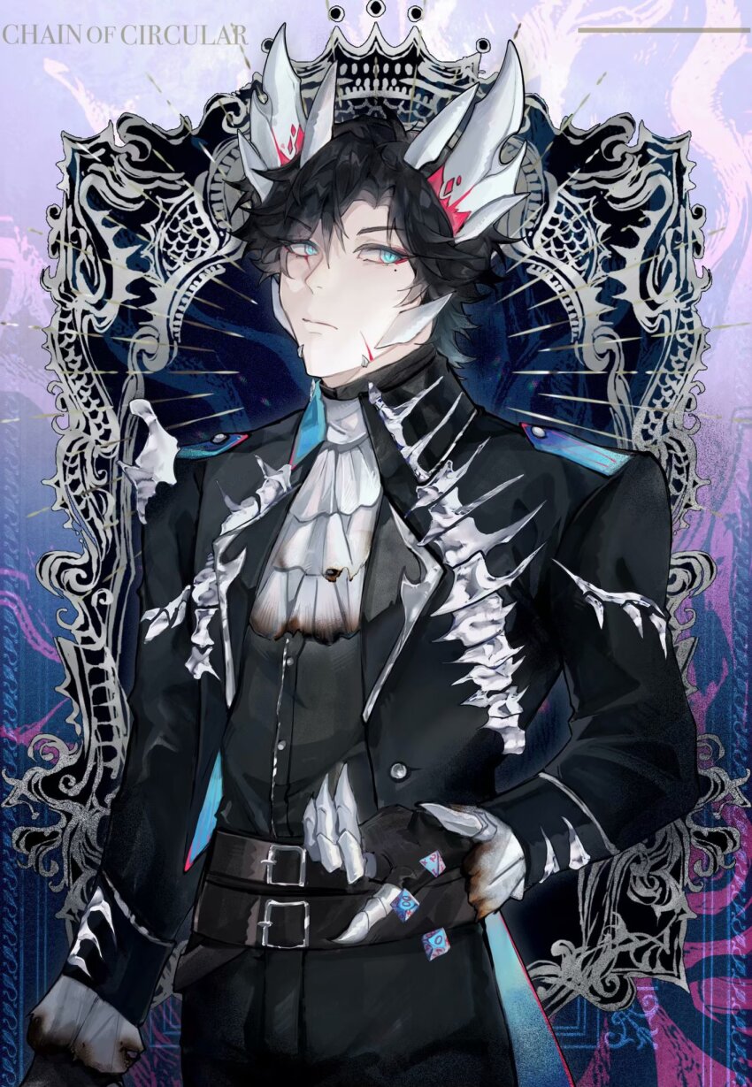 1boy adapted_costume armored_gloves black_gloves black_jacket black_pants black_shirt blue_eyes bone bone_print burnt_clothes dice dragon_boy dragon_horns dress_shirt english_text gloves goth_fashion highres holding holding_dice horns jacket kamen_rider kamen_rider_saber kamen_rider_saber_(series) kamen_rider_saber_primitive_dragon_brave_dragon kamiyama_touma looking_to_the_side male_focus meowq pants scar shirt
