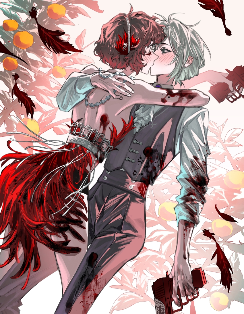 2girls absurdres arms_around_neck ascot back backless_dress backless_outfit black_hair black_pants black_vest blood blood_on_arm blood_on_back blood_on_clothes blush closed_eyes cowboy_shot dress falling_feathers feather_dress feather_hair_ornament feathers food fruit grey_eyes grey_hair gun hair_ornament hairband hand_on_another&#039;s_back handgun highres holding holding_gun holding_weapon kiss molen106 multiple_girls orange_(fruit) orange_tree pants red_feathers reverse:1999 schneider_(reverse:1999) shirt short_dress short_hair strapless strapless_dress vertin_(reverse:1999) vest waistcoat weapon white_ascot white_hairband white_shirt yuri