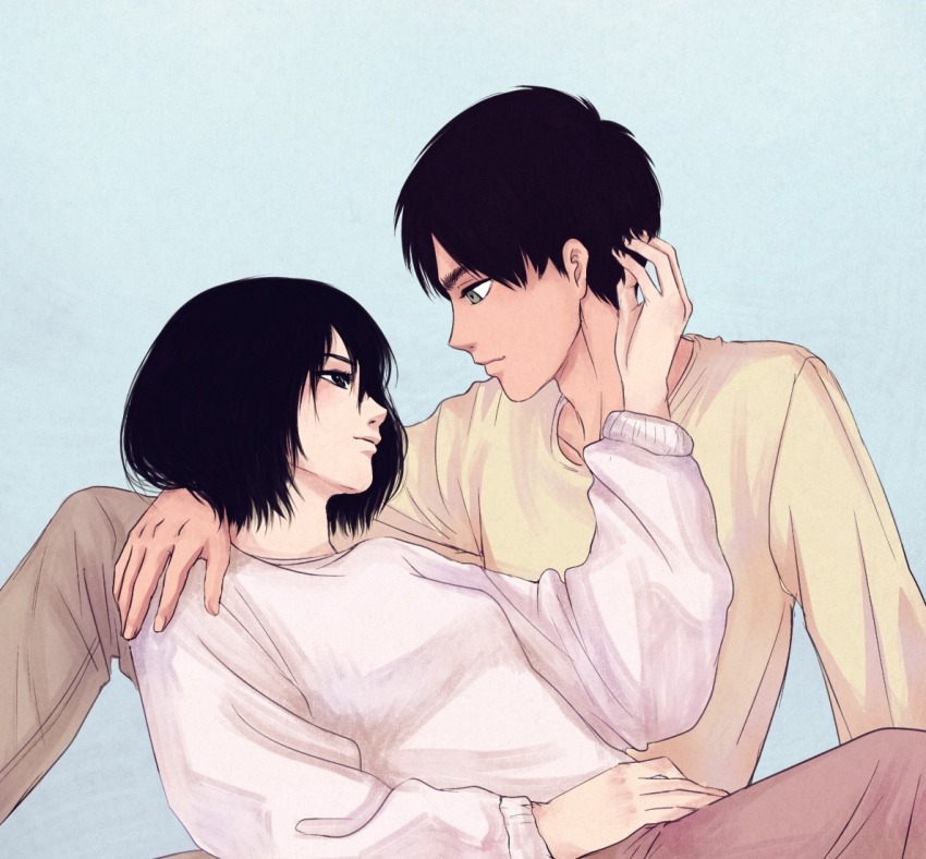 1boy 1girl black_eyes black_hair brown_pants commentary commission dark_skin daydream24-7 english_commentary eren_yeager eye_contact green_eyes hetero light_smile looking_at_another medium_hair mikasa_ackerman pants shingeki_no_kyojin shirt sitting sweater white_sweater yellow_shirt