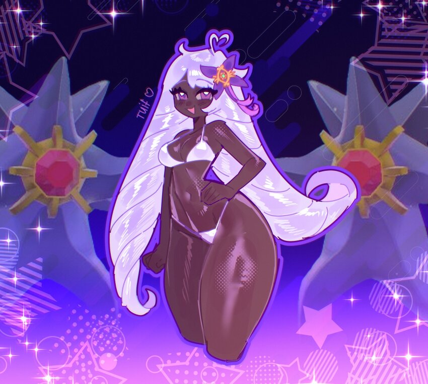 1girl 2others belly bikini blush breasts cleavage cowboy_shot curvy dark-skinned_female dark_skin hair_ornament highres jacinthe_(pokemon) lips long_hair looking_at_viewer low_drills medium_breasts mega_starmie multiple_others navel nintendo open_mouth pokemon pokemon_legends:_z-a purple_eyes purple_hair shiny_skin simple_background smile starmie swimsuit teeth thong thong_bikini tuiffff very_dark_skin very_long_hair white_bikini wide_hips