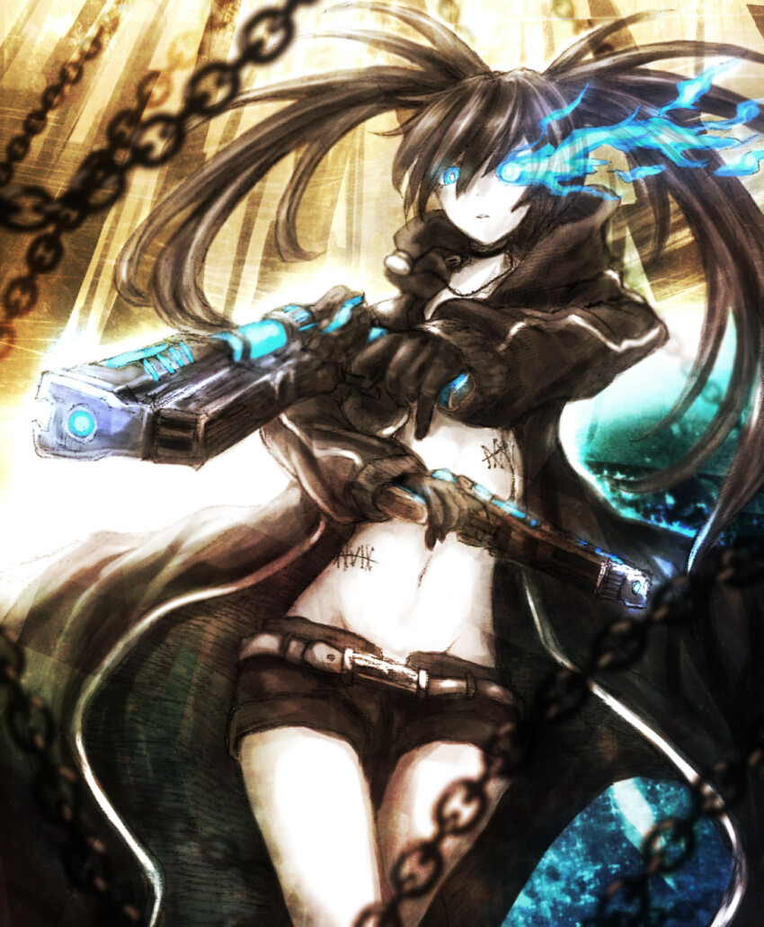 1girl artist_request black_rock_shooter black_rock_shooter_(character) chain gun navel scar stitches tagme weapon