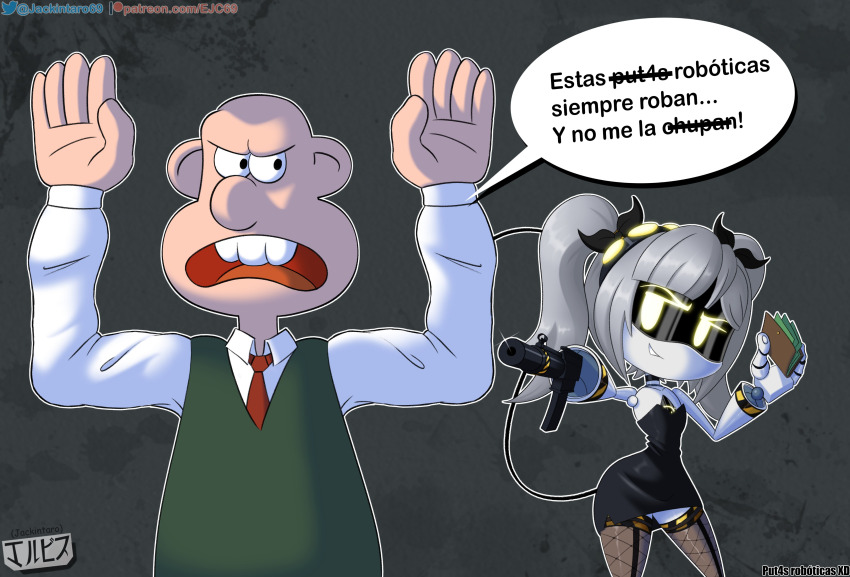 absurdres angry artist_name assault_rifle bald crossover dress glitch_productions grey_hair grin gun highres j_(murder_drones) jackintaro japanese_artist_name japanese_text loli money murder_drones necktie pantyhose parody prostitution rifle robbery robot shirt smile spanish_text stripper teeth twintails vest wallace_&amp;_gromit wallace_(wallace_&amp;_gromit) wallet weapon youtube_poop