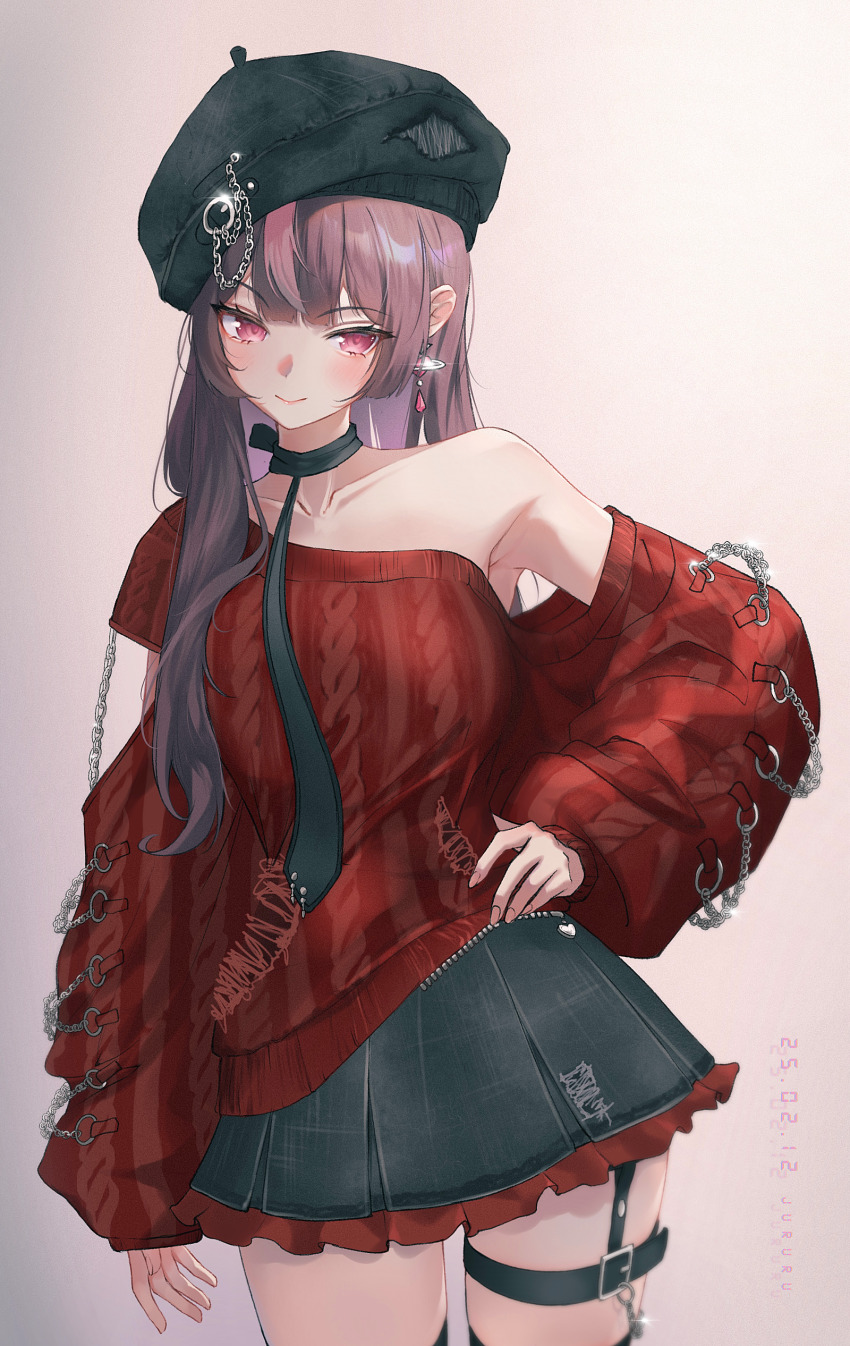 1girl absurdres beret black_necktie black_skirt black_thighhighs blush garter_straps hat highres jururu ki_elt long_hair long_sleeves looking_at_viewer miniskirt necktie non-web_source pantyhose pleated_skirt red_shirt shirt simple_background single-shoulder_shirt single_garter_strap skirt smile solo source_request thigh_strap thighhighs waktaverse