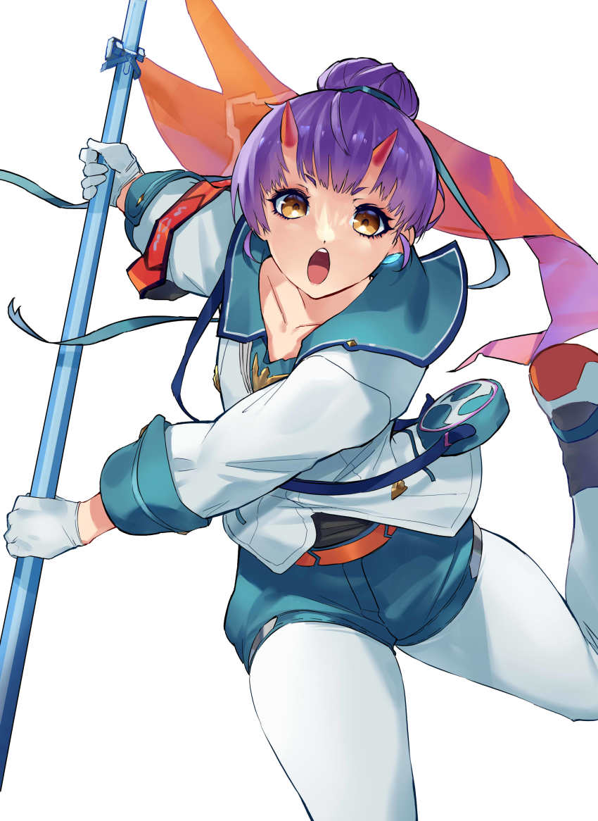 1girl absurdres black_undershirt fiona_(xenoblade) flag highres holding holding_flag holding_polearm holding_weapon lance mitsudomoe_(shape) negresco pantyhose polearm tomoe_(symbol) weapon white_pantyhose xenoblade_chronicles_(series) xenoblade_chronicles_3 yellow_pupils