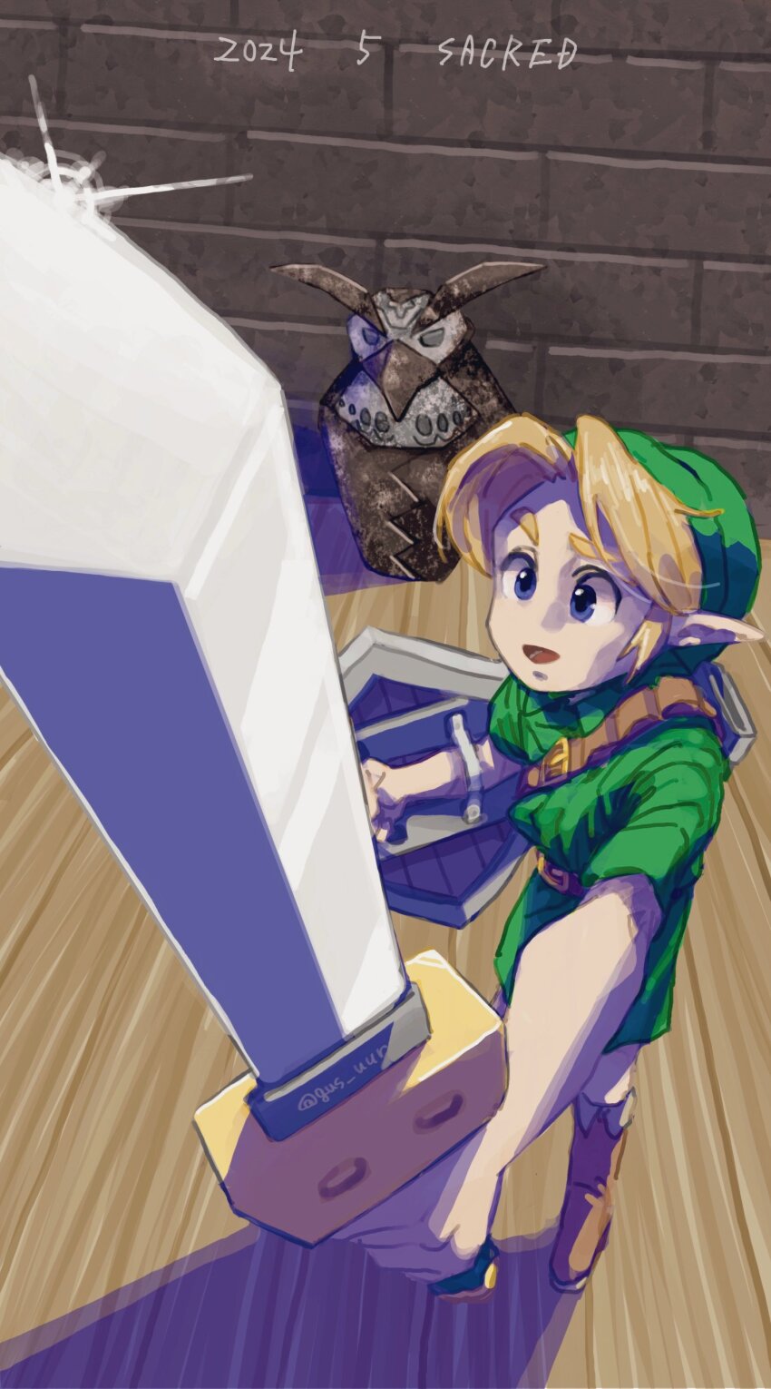 1boy 2024 absurdres belt bird blonde_hair blue_eyes boots brick_wall gus_uur hat highres holding holding_shield holding_sword holding_weapon kokiri_sword link nintendo open_mouth owl pointy_ears sheath shield shine smile solo sparkle statue sword the_legend_of_zelda the_legend_of_zelda:_majora&#039;s_mask tunic weapon wooden_floor