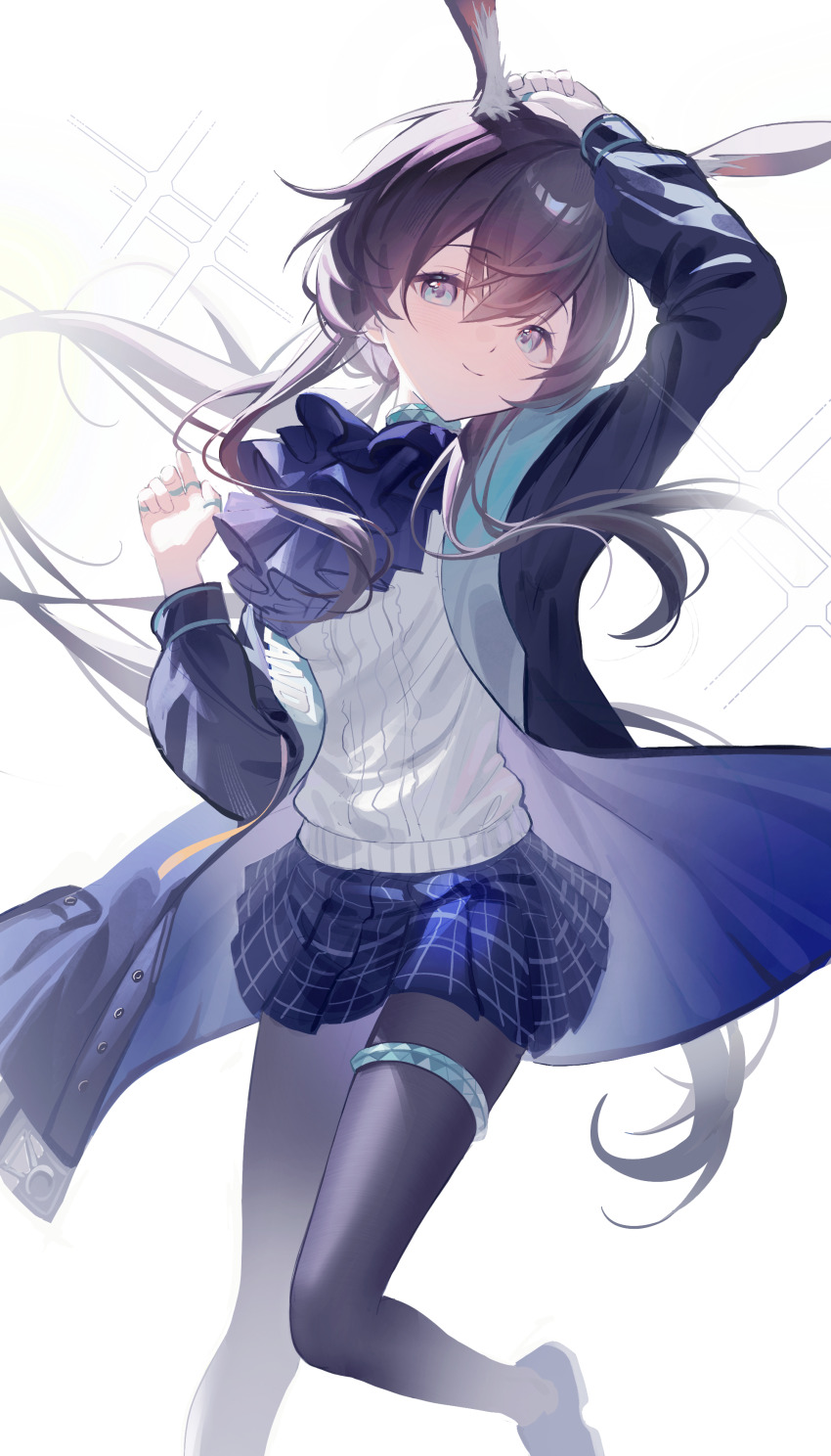 1girl absurdres amiya_(arknights) animal_ears arknights arm_up ascot black_coat black_pantyhose blue_eyes brown_hair closed_mouth coat commentary commentary_request english_commentary hair_between_eyes highres jewelry knees_together_feet_apart long_hair long_sleeves looking_at_viewer miniskirt mixed-language_commentary multiple_rings open_clothes open_coat pantyhose plaid_clothes plaid_skirt pleated_skirt purple_ascot purple_coat purple_skirt ring skirt smile solo sparkle standing sweater two-sided_coat two-sided_fabric very_long_hair white_background white_sweater xianyusixu