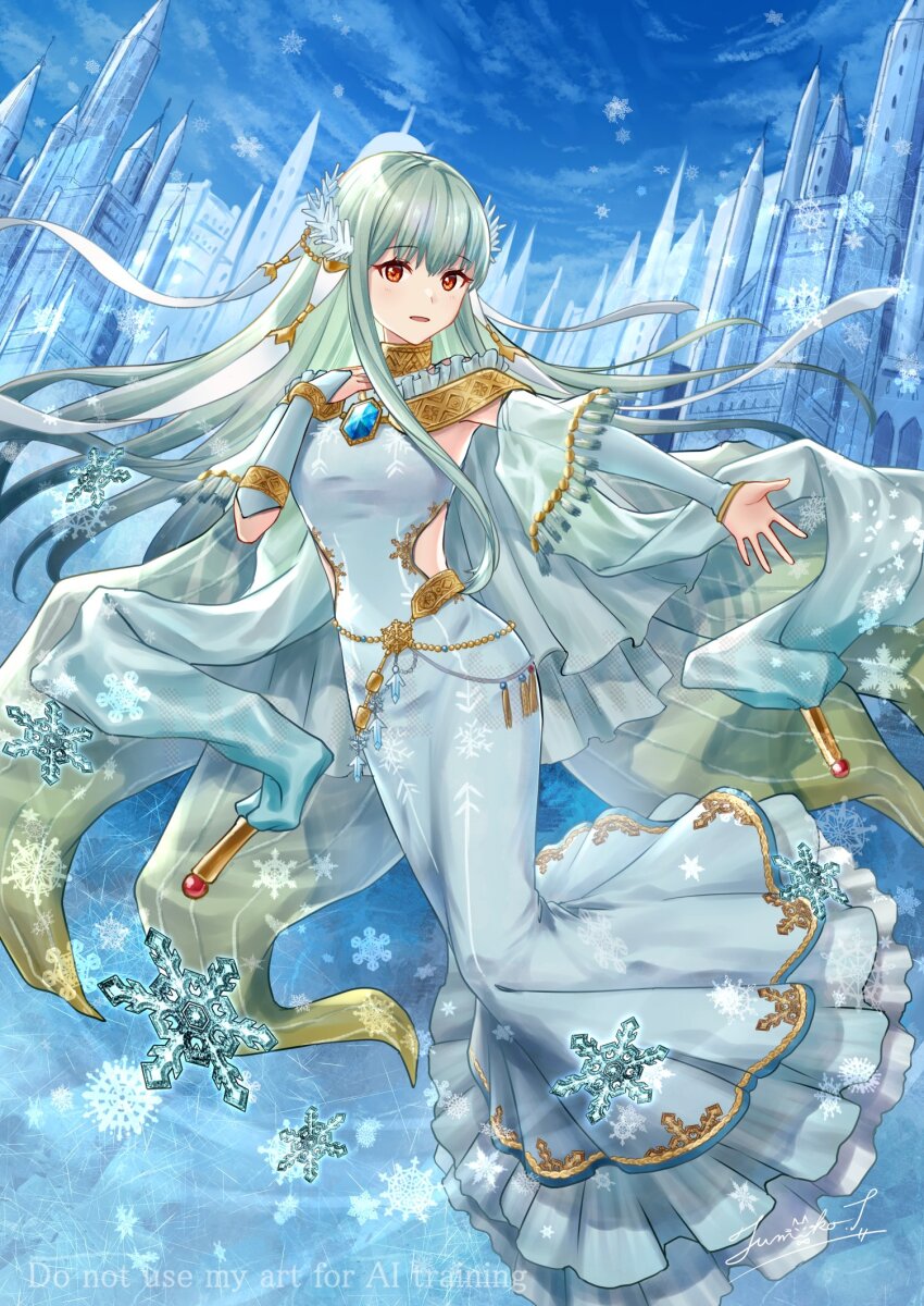 1girl bare_hips bare_shoulders blue_dress blue_hair blue_sky castle dress fire_emblem fire_emblem:_the_blazing_blade frilled_dress frills full_body hair_ornament highres jewelry long_hair looking_at_viewer ninian_(fire_emblem) ninian_(ice-dragon_oracle)_(fire_emblem) nintendo official_alternate_costume red_eyes sky smile snowflakes solo tanaka_fumiko veil watermark