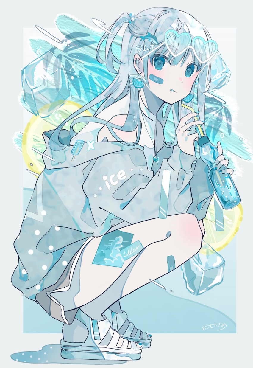 1girl bandaid bandaid_on_face bandaid_on_leg blue_eyes blue_hair blue_theme bottle drinking_straw earrings eyewear_on_head food food-themed_earrings fruit heart heart-shaped_eyewear highres holding ice ice_cube jacket jewelry lemon lemon_slice long_hair looking_at_viewer off_shoulder original ramune shirt shorts solo squatting sunglasses sutera_sea tenshi_kaiwai tongue tongue_out