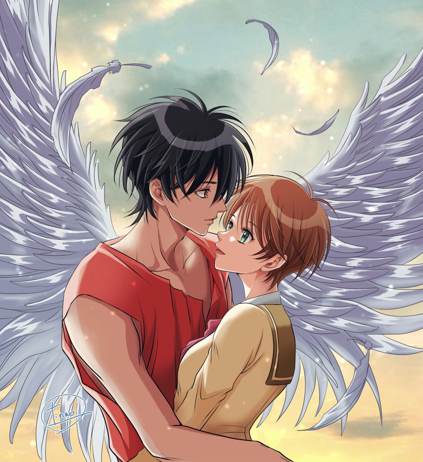1boy 1girl bare_shoulders black_hair brown_hair brown_sailor_collar couple feathers highres kanzaki_hitomi red_shirt sailor_collar school_uniform shirt short_hair t_nao1576 tenkuu_no_escaflowne van_fanel white_wings wings