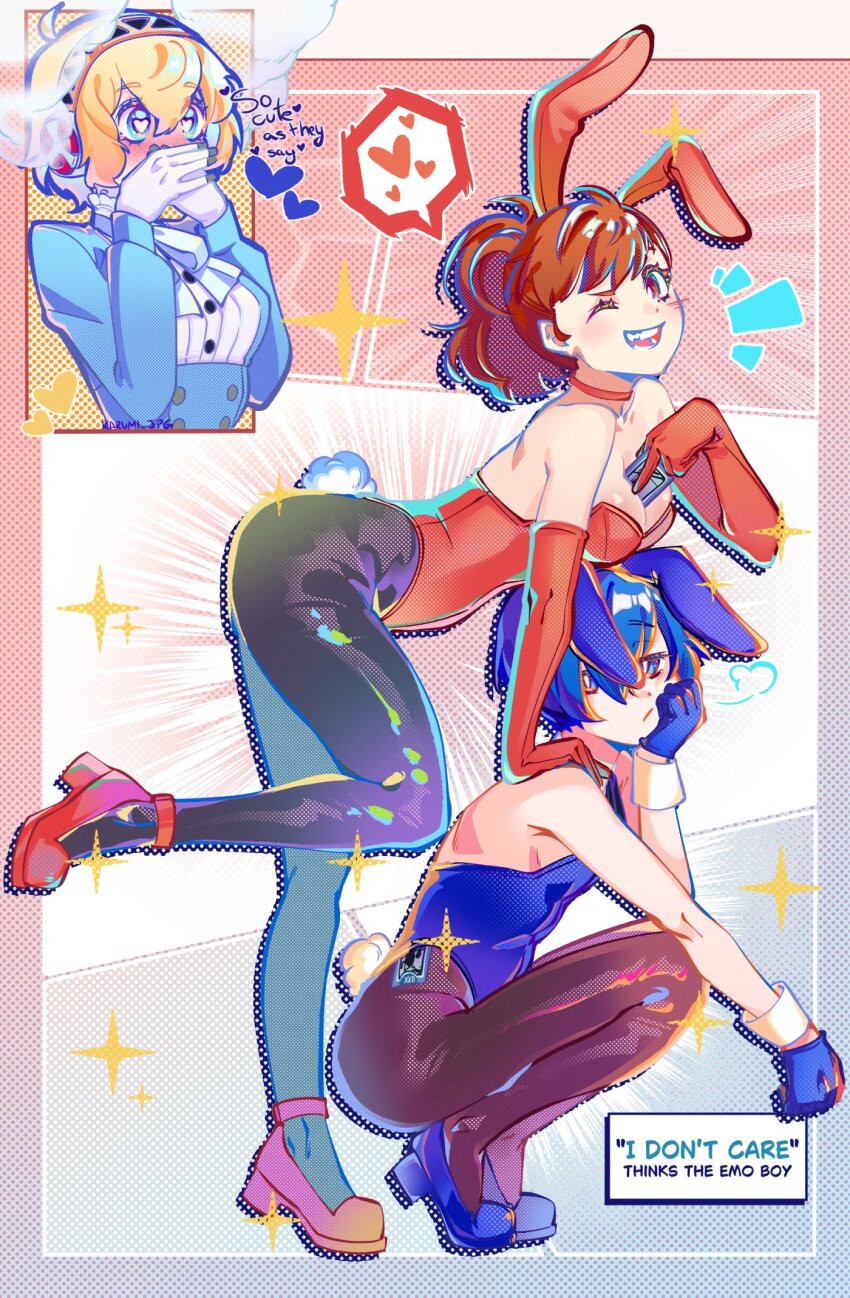 1boy 2girls aigis_(persona) alternate_costume android animal_ear_hairband animal_ears arm_on_knee ass bare_shoulders between_breasts between_fingers bisexual_female black_pantyhose blonde_hair blue_bow blue_dress blue_gloves blue_hair blue_leotard blue_shoes blush bow breasts buttons card card_between_breasts card_between_fingers carumikoto choker cleavage clenched_hand comic_background commentary covering_own_mouth crossdressing crossdressing_(mtf) double-breasted dress drop_shadow elbow_gloves english_text fake_animal_ears fake_tail four-pointed_star frown gloves gold_hairband gradient_background hair_between_eyes hairband hand_on_another&#039;s_shoulder hand_on_own_face hanging_breasts heart heart-shaped_pupils high_heels highres holding large_breasts leaning_forward leaning_on_person leg_up leotard looking_ahead looking_at_viewer male_playboy_bunny mechanical_hands multiple_girls notice_lines open_mouth outside_border pantyhose persona persona_3 persona_3_portable playboy_bunny polka_dot polka_dot_background ponytail rabbit_ear_hairband rabbit_ears rabbit_tail red_choker red_eyes red_gloves red_hair red_leotard red_shoes robot_ears shiomi_kotone shoes short_hair smile sparkle spoken_heart standing standing_on_one_leg steam symbol-shaped_pupils tail tarot tarot_card teeth the_fool_(tarot) twitter_username white_wrist_cuffs wrist_cuffs yuuki_makoto_(persona_3)