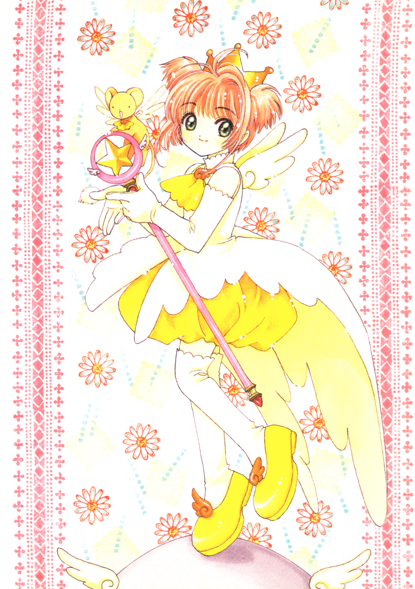 1girl absurdres cardcaptor_sakura child clamp_(circle) egg flower gloves highres kero_(cardcaptor_sakura) kinomoto_sakura kinomoto_sakura_(miraculous_sakura) official_art scan shoes smile star_(symbol) white_flower white_gloves wings yellow_shoes