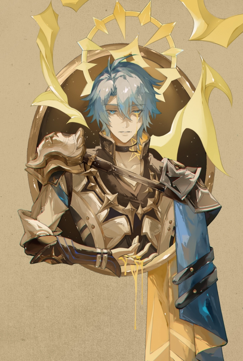 1boy antenna_hair armor black_choker black_shirt blue_cape blue_eyes cape chinese_commentary choker coat commentary_request dripping halo halo_behind_head highres honkai:_star_rail honkai_(series) liquid_gold male_focus pauldrons phainon_(honkai:_star_rail) shanyuyushan shirt short_hair shoulder_armor single_pauldron solo sun_symbol sun_tattoo tan tears tears_from_one_eye white_coat white_hair