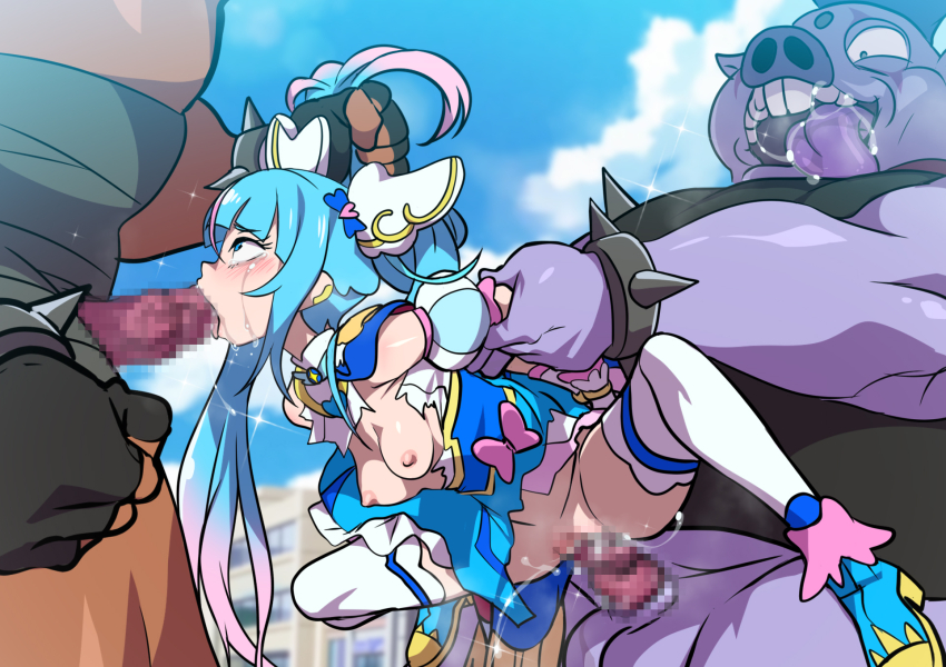 1girl 2boys arms_behind_back blue_boots blue_cape blue_dress blue_eyes blue_hair blue_sky blue_thighhighs blurry blurry_background boots breasts cape carrying censored colored_tips crying crying_with_eyes_open cure_sky double_penetration dress eyebrows eyelashes fellatio from_side full_body functionally_nude gloves grabbing_another&#039;s_arm grabbing_another&#039;s_hair gradient_hair group_sex hetero high_heel_boots high_heels highres hirogaru_sky!_precure interspecies irrumatio jcm2 knees_up leaning_forward long_hair looking_at_another looking_up matching_hair/eyes mmf_threesome monster_boy mosaic_censoring multicolored_boots multicolored_dress multicolored_hair multiple_boys nipples no_bra no_panties oral outdoors penis pink_hair precure profile pussy rape restrained reverse_suspended_congress saliva scared sex sex_from_behind sky sleeveless sleeveless_dress small_breasts solo_focus sora_harewataru spread_legs tears testicles thighhighs threesome torn_clothes torn_dress twintails two-tone_boots two-tone_hair two-tone_thighhighs vaginal white_dress white_gloves white_thighhighs yellow_boots yellow_dress