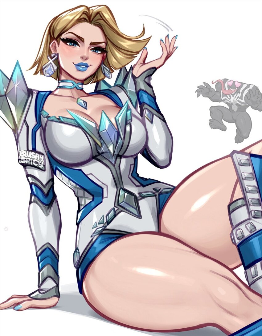 1boy 1girl blonde_hair blue_lips blushyspicy bodysuit breasts emma_frost highres lipstick long_tongue looking_at_viewer makeup marvel marvel_rivals monster_boy muscular muscular_male open_mouth short_hair smile spider-man_(series) superhero_costume symbiote teeth tongue tongue_out venom_(marvel) x-men