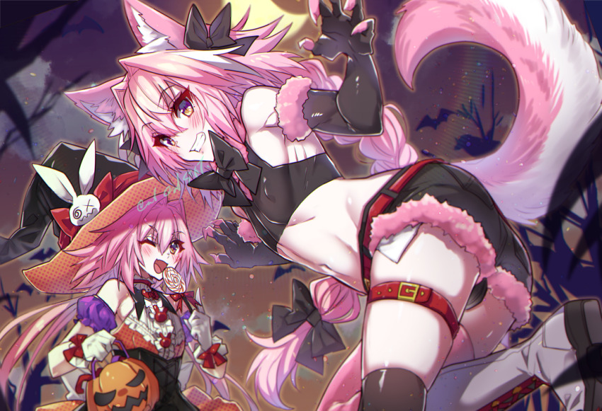 2boys animal_ear_fluff animal_ears arm_scrunchie astolfo_(fate) astolfo_(saber)_(fate) asymmetrical_legwear bare_shoulders bat_(animal) belt black_bow black_bowtie black_corset black_panties black_shirt black_shorts bow bowtie braid branch bulge candy collar corset covered_erect_nipples cowboy_shot crescent_moon crop_top cross-laced_footwear crossdressing denim denim_shorts dress dual_persona fake_claws fang fate/apocrypha fate/grand_order fate_(series) feet_out_of_frame food fox_boy fox_ears fox_tail frilled_collar frills fur-trimmed_gloves fur-trimmed_shorts fur_trim gloves grin hair_between_eyes hair_bow hair_intakes halloween halloween_bucket halloween_costume haoro hat hat_ornament hat_ribbon holding holding_candy holding_food holding_lollipop lens_flare light_particles lollipop long_braid long_hair low_twintails male_focus midriff mismatched_legwear moon multicolored_hair multiple_boys navel night night_sky one_eye_closed open_mouth orange_dress orange_eyes outdoors panties pink_claws pink_hair pink_thighhighs purple_eyes purple_garter_straps rabbit_hat_ornament red_belt ribbon shirt short_shorts shorts signature simple_bat single_braid skin_fang sky sleeveless sleeveless_dress sleeveless_shirt smile streaked_hair striped_clothes striped_thighhighs swirl swirl_lollipop tail thigh_belt thigh_strap thighhighs thighs trap trick-or-treating twintails two-sided_fabric two-sided_headwear two-sided_skirt two-tone_hair two-tone_legwear two-tone_thighhighs underwear very_long_hair white_footwear white_hair witch_hat