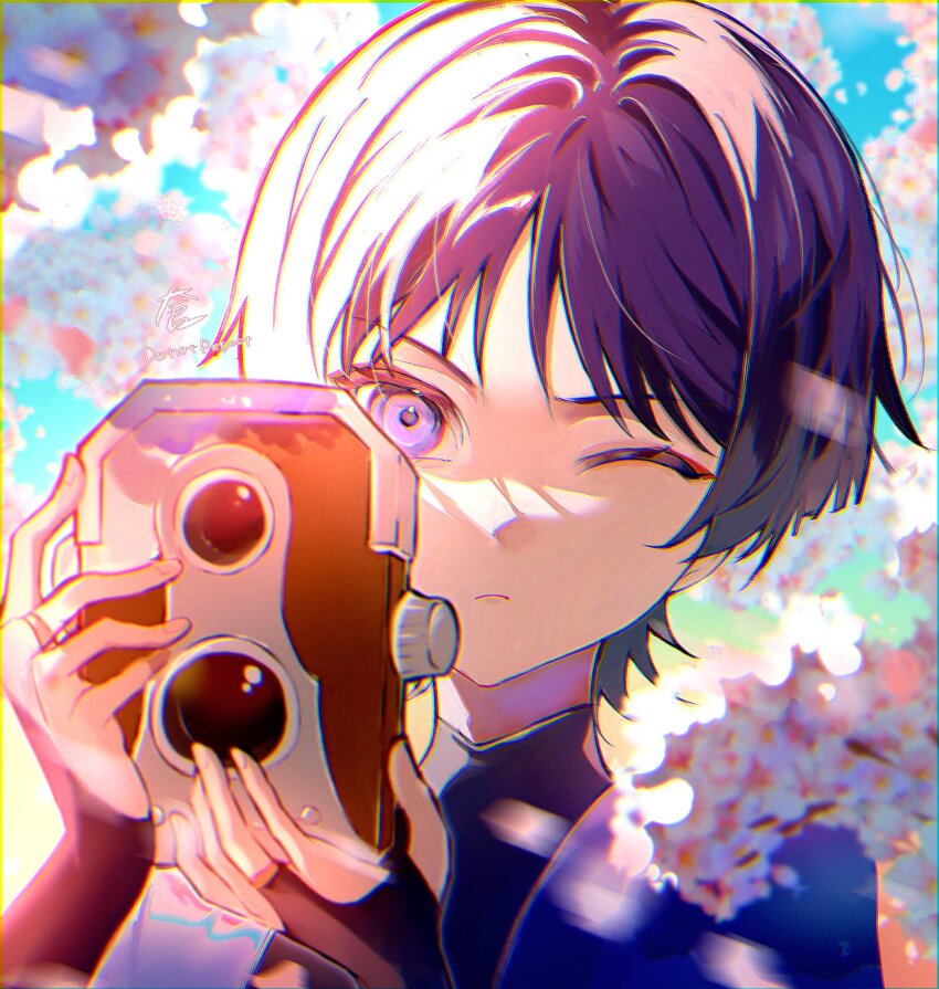1boy black_bodysuit black_bridal_gauntlets blue_cape blue_sky blunt_ends blurry bodysuit bridal_gauntlets camera cape closed_mouth depth_of_field fingernails genshin_impact gold_ring hands_up highres holding holding_camera japanese_clothes kimono looking_at_viewer male_focus mandarin_collar middle_ring nero_hanken one_eye_closed open_clothes open_kimono petals pink_petals plant portrait purple_eyes purple_hair scaramouche_(genshin_impact) sidelighting sky solo taking_picture wanderer_(genshin_impact) watermark white_kimono wispy_bangs
