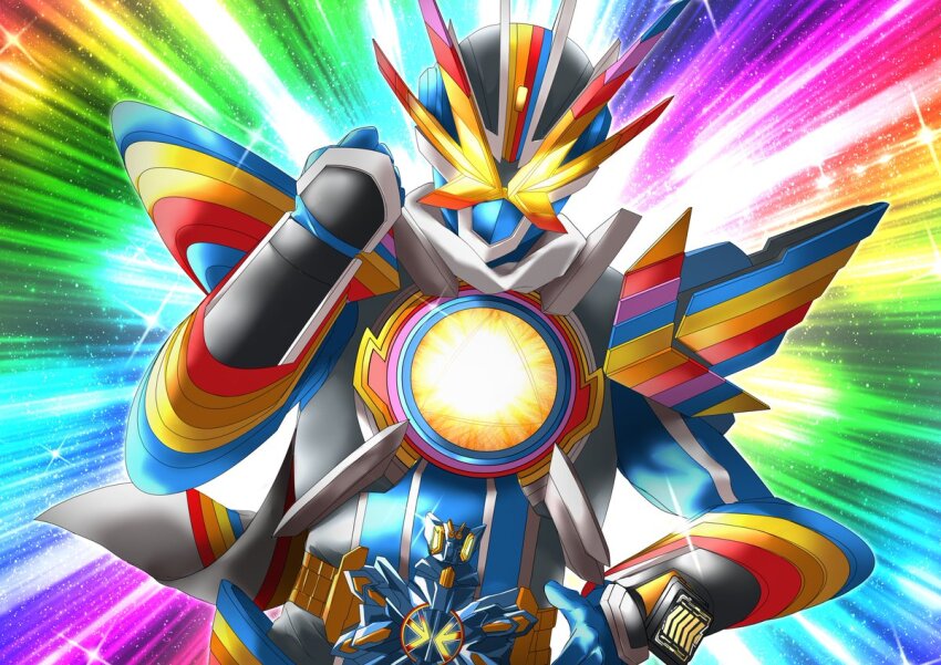 1boy armor compound_eyes gotcha_driver kamen_rider kamen_rider_gotchard kamen_rider_gotchard_(series) kamen_rider_rainbow_gotchard male_focus miyabi_(037) power_armor rainbow rainbow_aura rainbow_background rider_belt tokusatsu white_armor