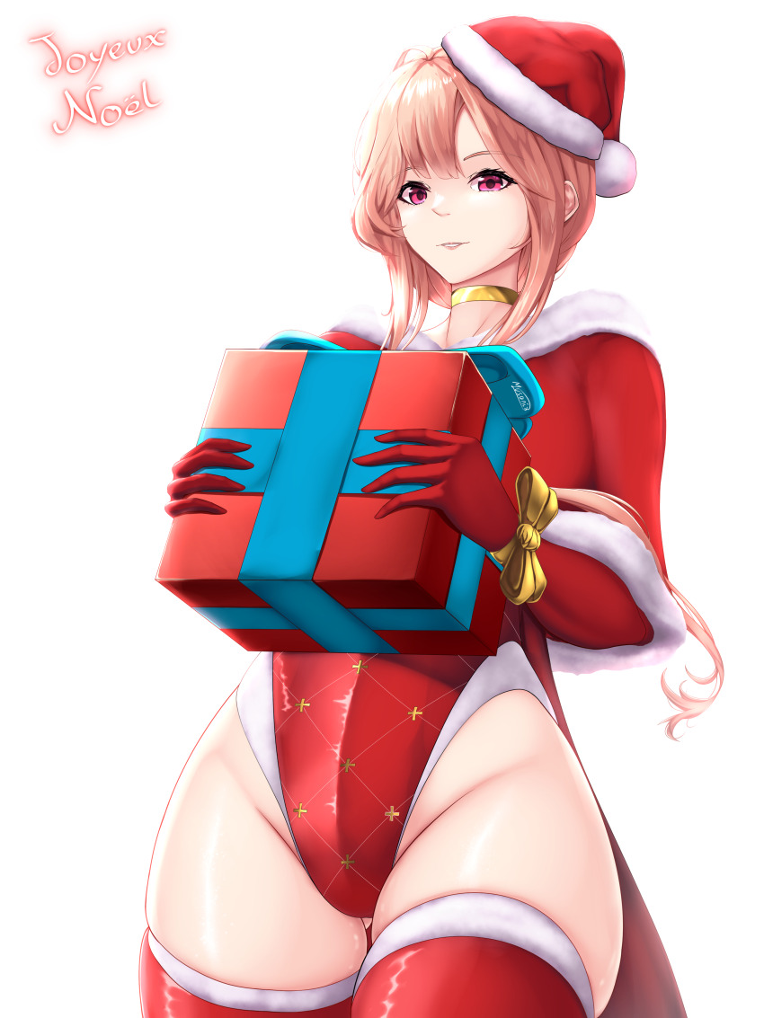 1girl absurdres alternate_costume azur_lane box breasts brown_hair capelet christmas_present clemenceau_(azur_lane) coattails collar commentary cowboy_shot elbow_gloves english_commentary french_text fur-trimmed_capelet fur_trim gift gift_box gloves gluteal_fold gold_choker groin hat highres holding holding_gift large_breasts leotard long_hair looking_at_viewer musanix parted_lips red_collar red_eyes red_gloves red_leotard red_thighhighs santa_costume santa_hat sidelocks simple_background skindentation solo_focus standing thighhighs white_background