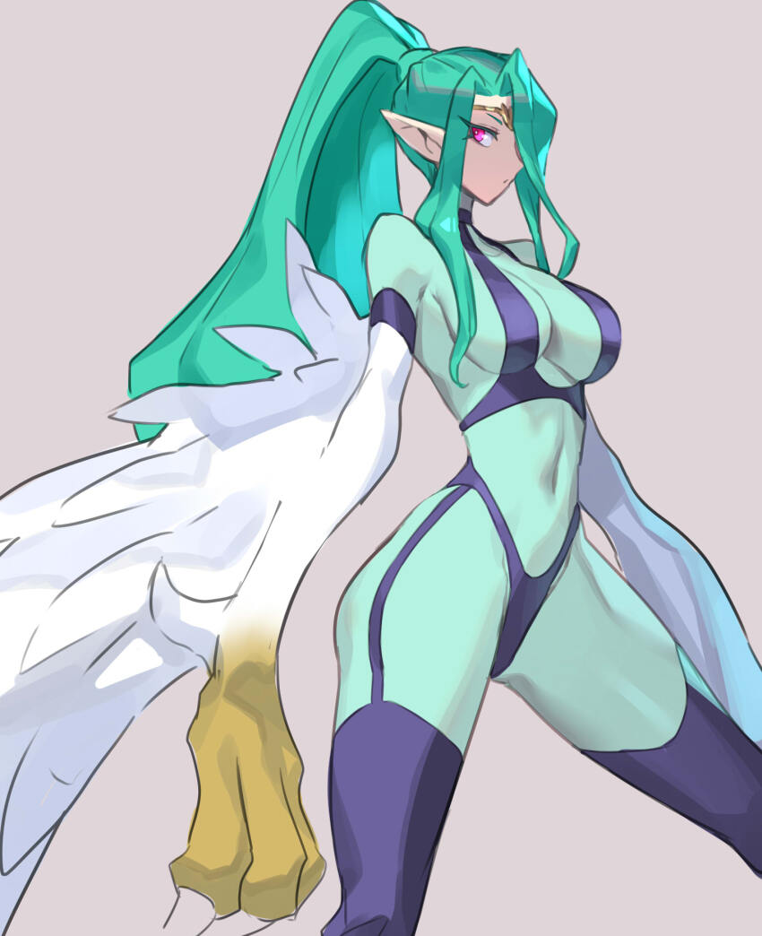 1girl animal_hands bare_shoulders bikini black_bikini black_thighhighs bodysuit breasts commentary_request cowboy_shot duel_monster green_bodysuit green_hair grey_background harpie_queen high_ponytail highres large_breasts long_hair ponytail purple_eyes simple_background skin_tight solo swimsuit thighhighs ukimukai winged_arms wings yu-gi-oh!