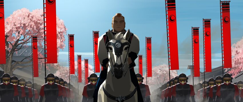 6+boys armor banner battle_standard black_armor blue_eye_samurai blue_sky breastplate bridle character_request cherry_blossoms closed_mouth commentary concept_art day dust_cloud english_commentary helmet highres horseback_riding looking_at_viewer male_focus marching mask mouth_mask multiple_boys netflix official_art orange_hair red_sleeves riding shadow sky soldier straight-on thick_eyebrows topknot tree war_banner white_horse white_sleeves yun_ling