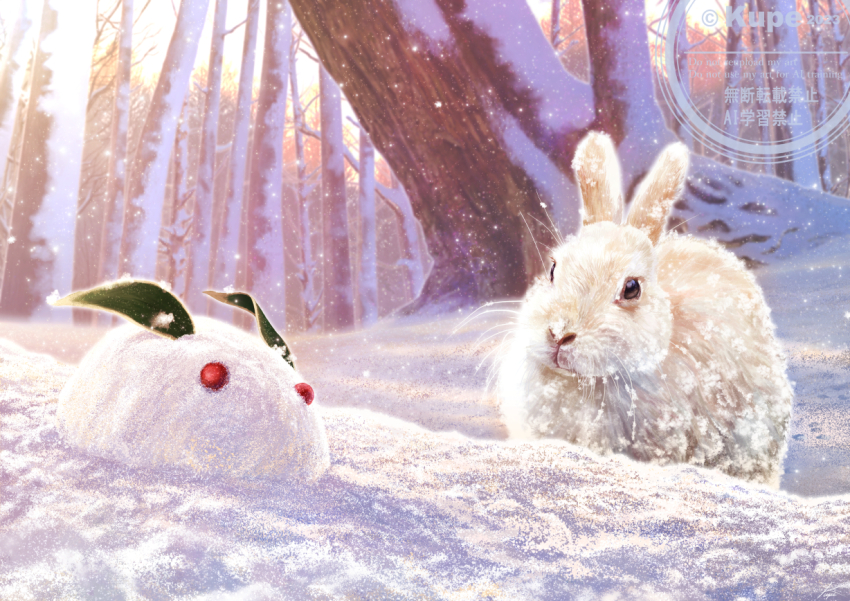 animal animal_focus commentary dated forest kun52 nature no_humans original outdoors rabbit scenery snow snow_sculpture snowing tree twilight twitter_username watermark white_rabbit_(animal) winter