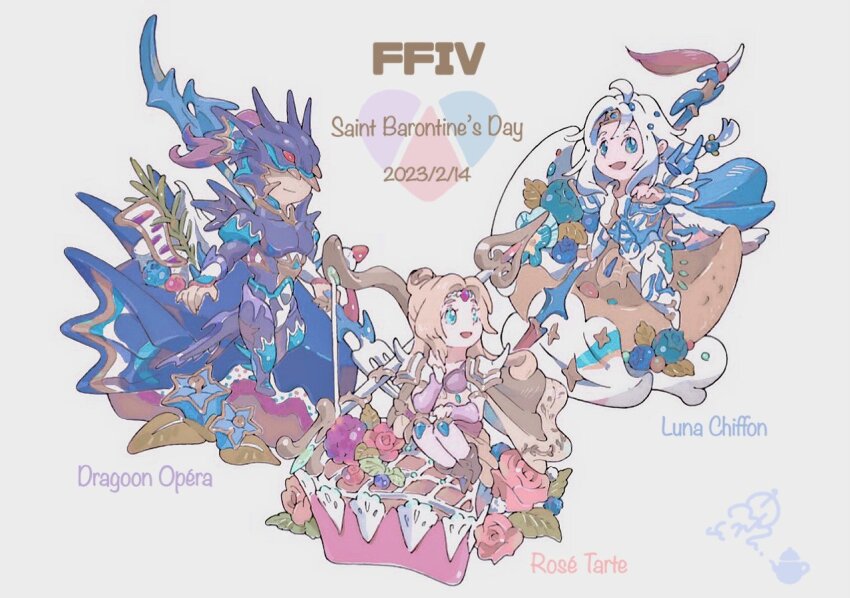 1girl 2boys ahoge aqua_eyes armor blonde_hair blue_armor blue_eyes cain_highwind cecil_harvey chibi circlet covered_eyes dene_tri dessert final_fantasy final_fantasy_iv food grey_hair hair_bun helmet helmet_over_eyes holding holding_weapon long_hair multiple_boys open_mouth parted_bangs rosa_farrell smile weapon